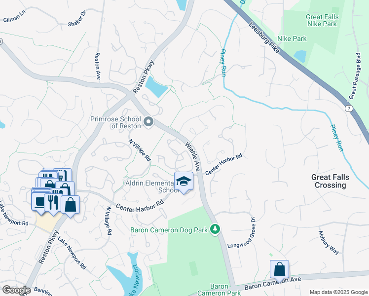 map of restaurants, bars, coffee shops, grocery stores, and more near 1377B Garden Wall Circle in Reston