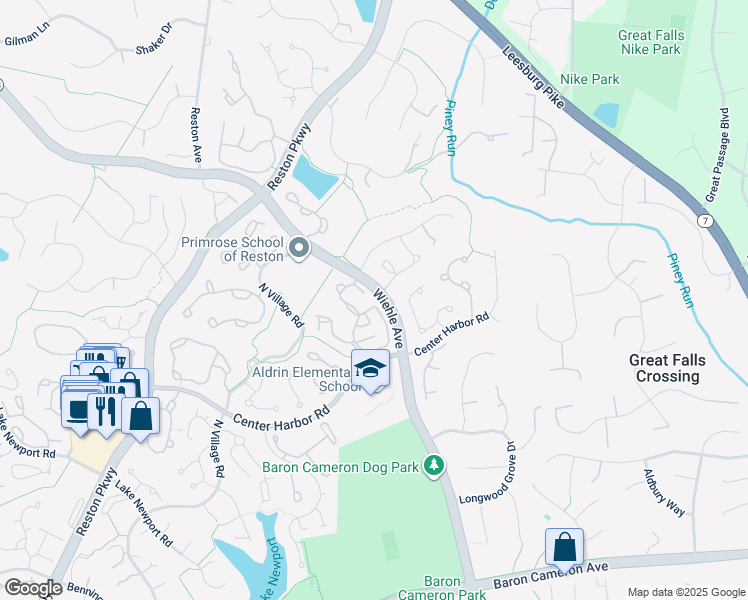 map of restaurants, bars, coffee shops, grocery stores, and more near 1377 Garden Wall Circle in Reston