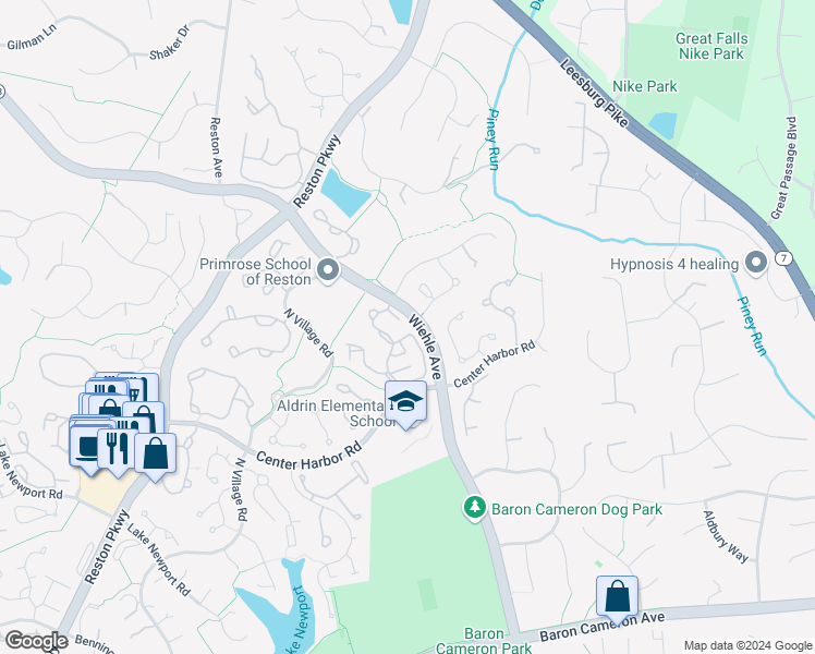 map of restaurants, bars, coffee shops, grocery stores, and more near 1375 Garden Wall Circle in Reston
