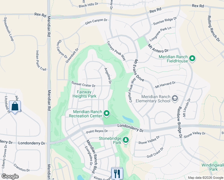 map of restaurants, bars, coffee shops, grocery stores, and more near 12505 Angelina Drive in Peyton