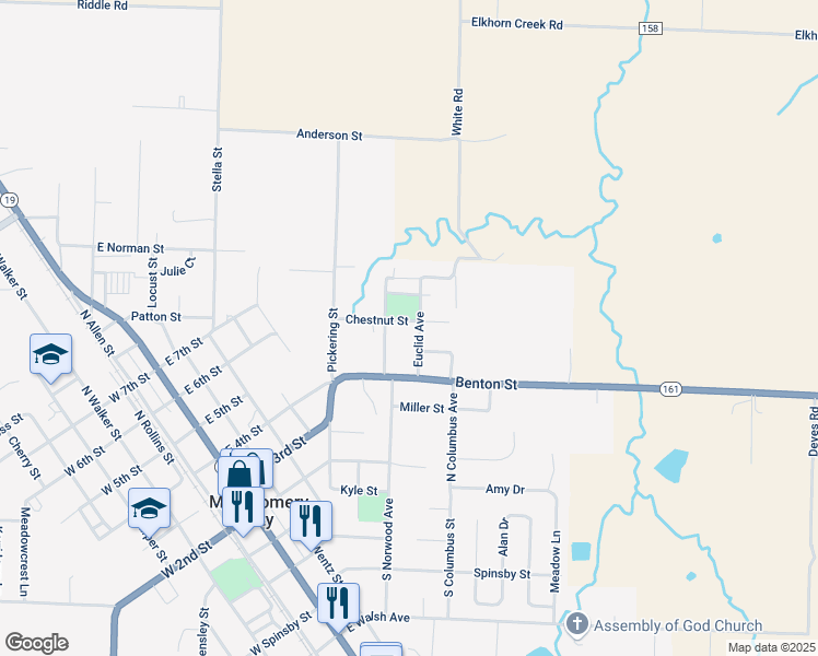 map of restaurants, bars, coffee shops, grocery stores, and more near 901 Chestnut Street in Montgomery City