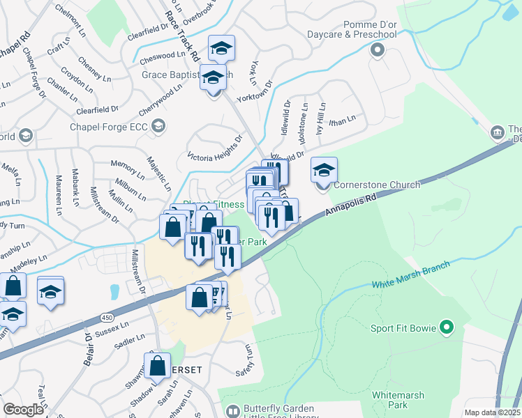 map of restaurants, bars, coffee shops, grocery stores, and more near 6786 Race Track Road in Bowie