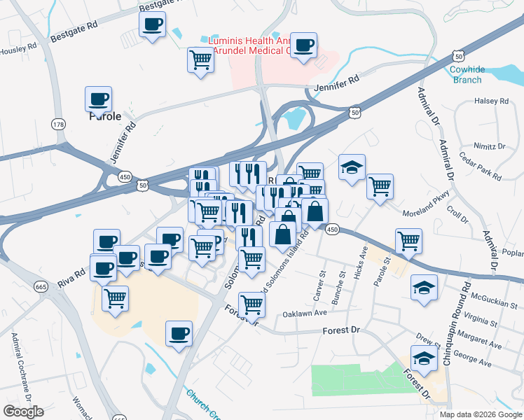 map of restaurants, bars, coffee shops, grocery stores, and more near Maryland 2 in Annapolis