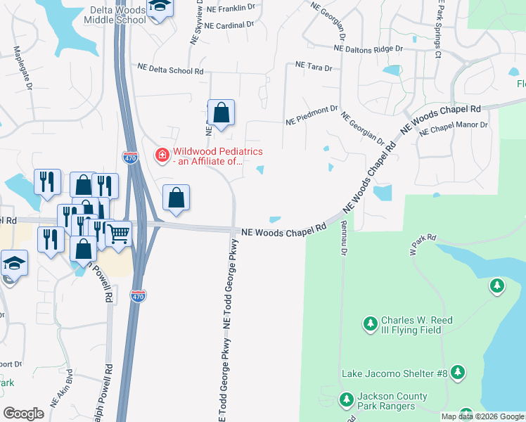 map of restaurants, bars, coffee shops, grocery stores, and more near 1220 Northeast Woods Chapel Road in Lee's Summit