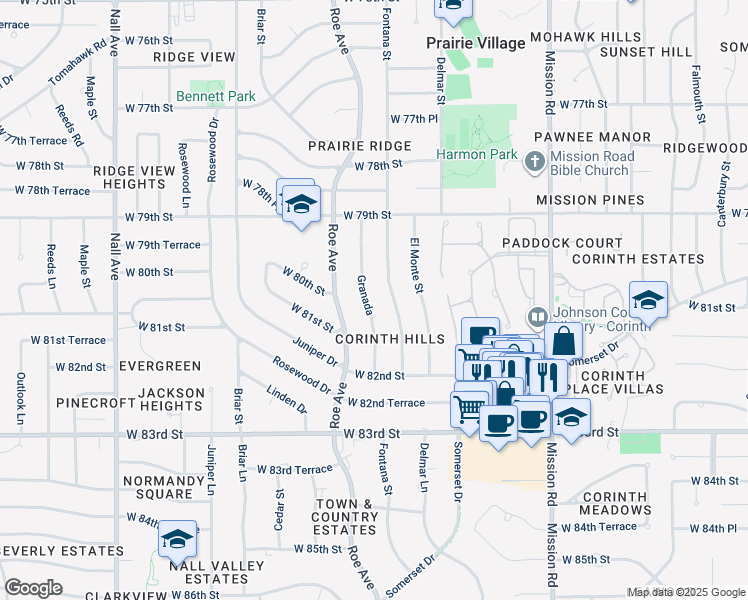 map of restaurants, bars, coffee shops, grocery stores, and more near 8017 Granada in Prairie Village