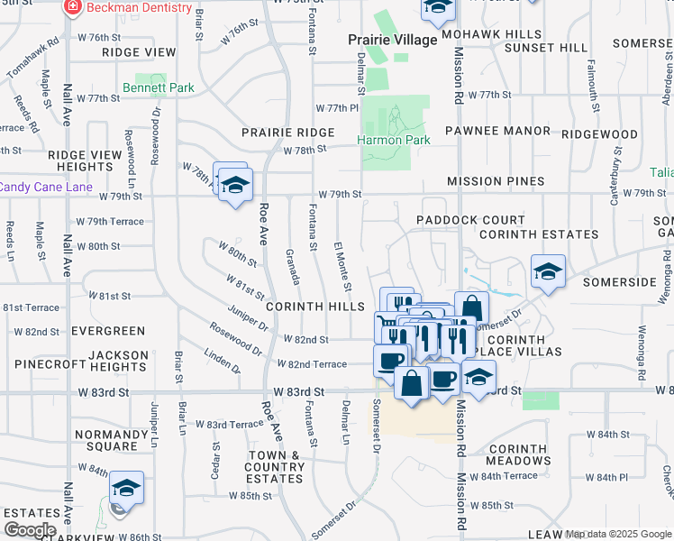 map of restaurants, bars, coffee shops, grocery stores, and more near 8004 El Monte Street in Prairie Village