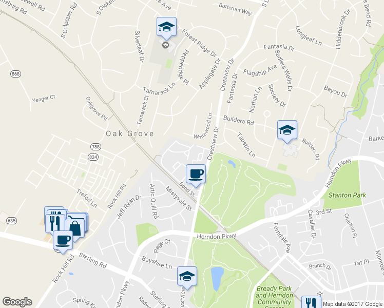 map of restaurants, bars, coffee shops, grocery stores, and more near 1411 Bluemont Court in Herndon