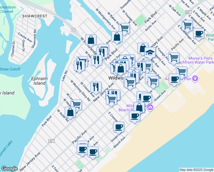 map of restaurants, bars, coffee shops, grocery stores, and more near 5010 New Jersey Avenue in Wildwood
