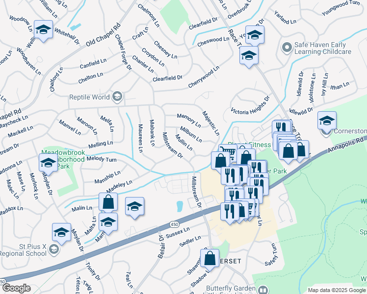 map of restaurants, bars, coffee shops, grocery stores, and more near 3508 Mullin Lane in Bowie