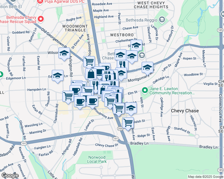 map of restaurants, bars, coffee shops, grocery stores, and more near 7335 Wisconsin Avenue in Bethesda