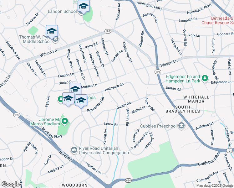 map of restaurants, bars, coffee shops, grocery stores, and more near 7304 Marbury Road in Bethesda