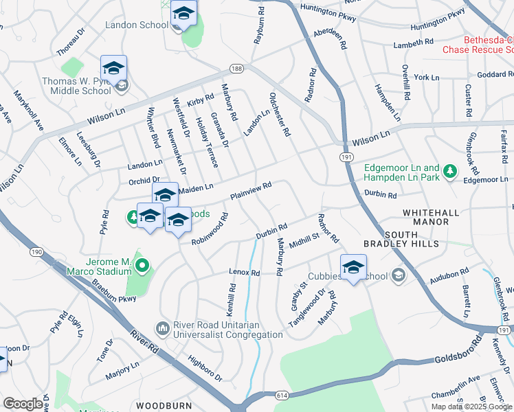 map of restaurants, bars, coffee shops, grocery stores, and more near 7304 Marbury Road in Bethesda