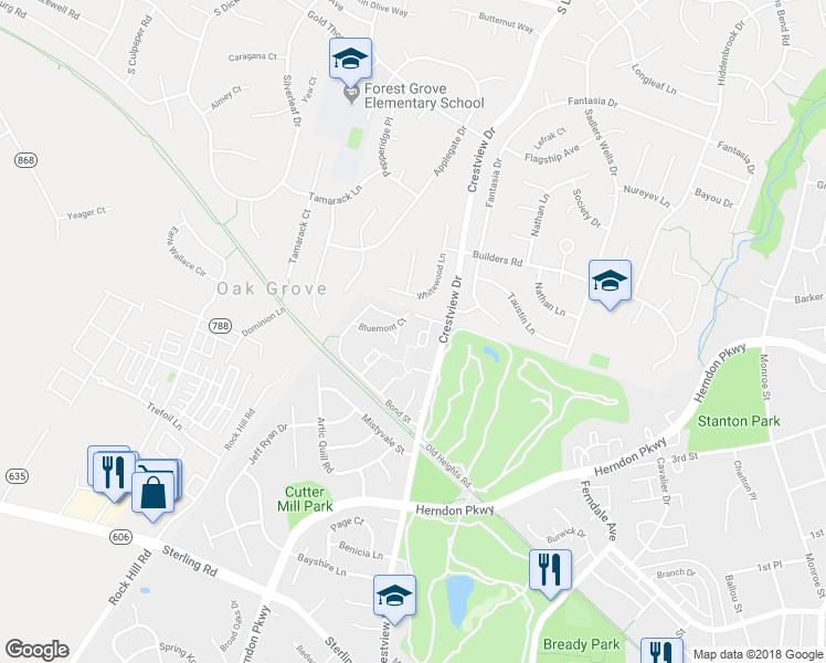 map of restaurants, bars, coffee shops, grocery stores, and more near 1181 Dublin Place in Herndon