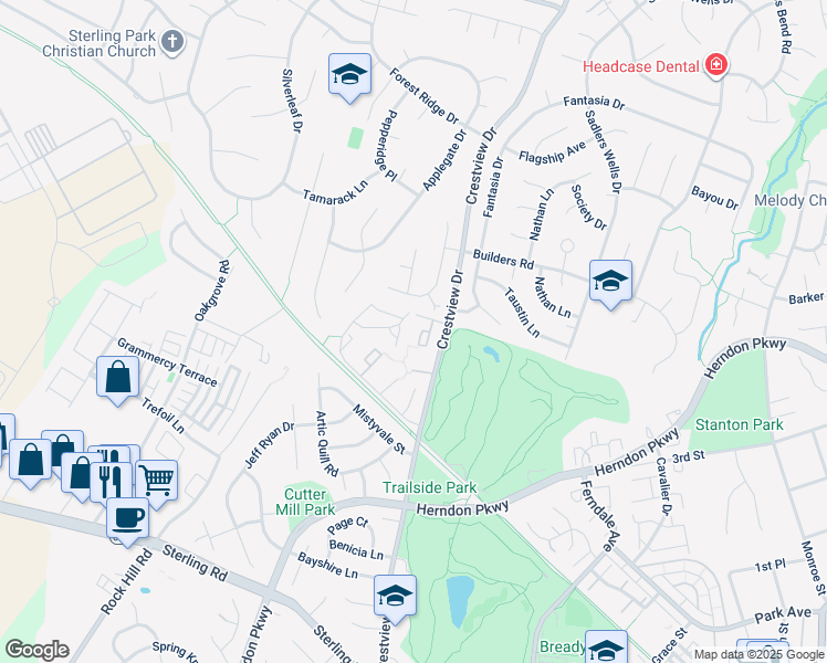 map of restaurants, bars, coffee shops, grocery stores, and more near 1181 Dublin Place in Herndon