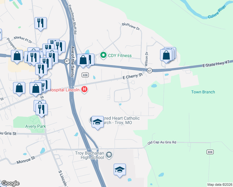 map of restaurants, bars, coffee shops, grocery stores, and more near 227 Carrington Boulevard in Troy