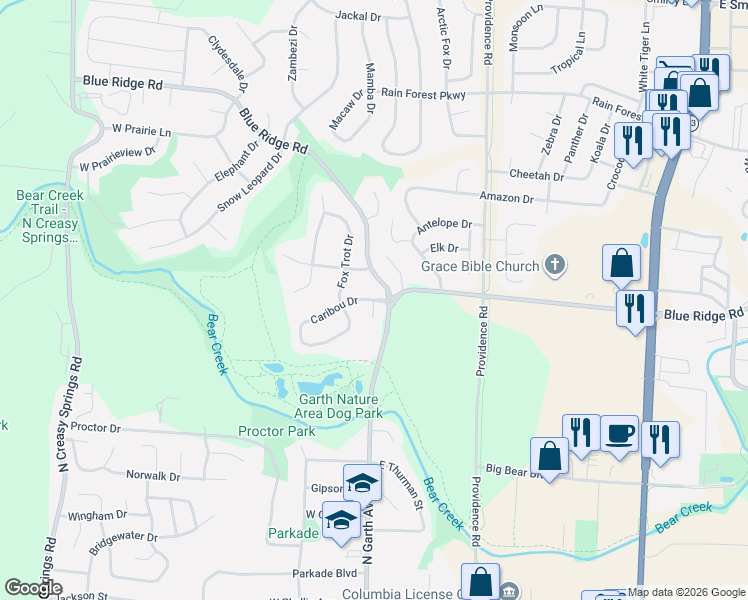 map of restaurants, bars, coffee shops, grocery stores, and more near 107 Caribou Dr in Columbia