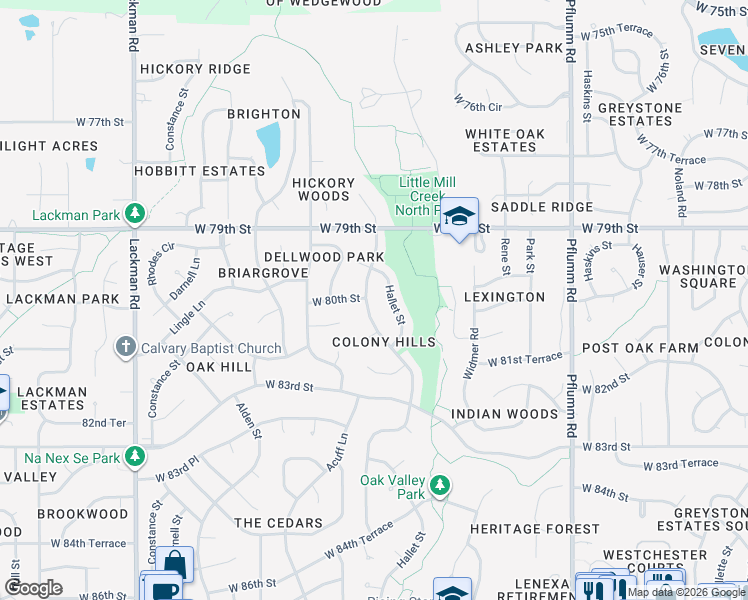 map of restaurants, bars, coffee shops, grocery stores, and more near 7926 Hallet Street in Lenexa