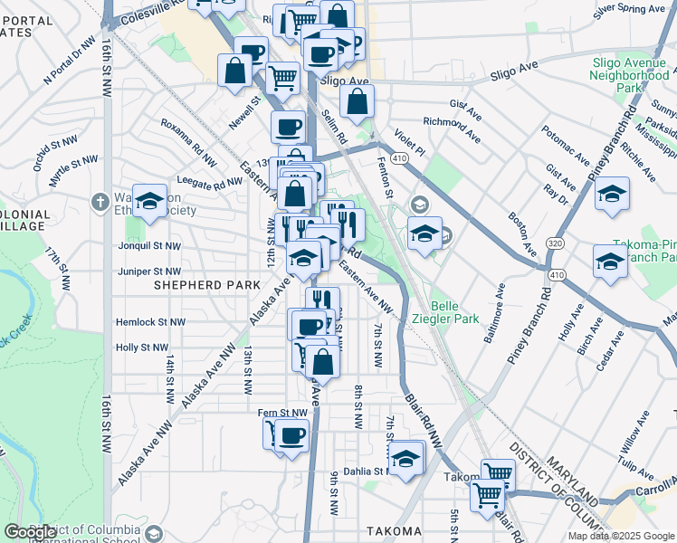 map of restaurants, bars, coffee shops, grocery stores, and more near 101 Independence Avenue Southeast in Washington