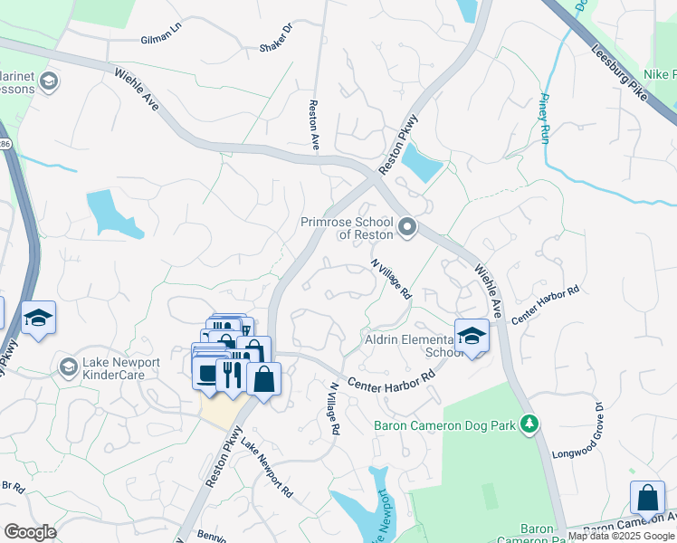 map of restaurants, bars, coffee shops, grocery stores, and more near 1409 Park Garden Lane in Reston
