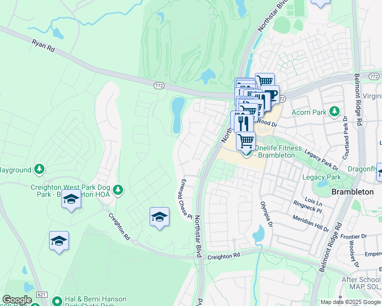map of restaurants, bars, coffee shops, grocery stores, and more near 42215 Bunker Woods Place in Ashburn