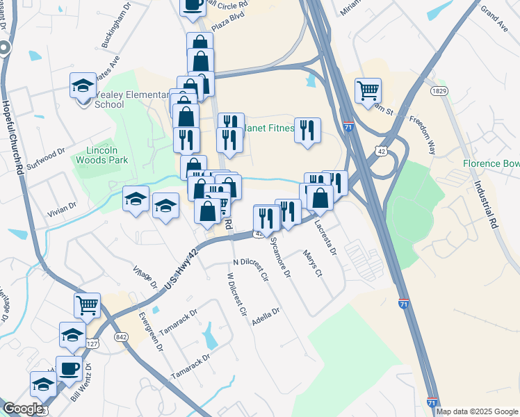 map of restaurants, bars, coffee shops, grocery stores, and more near 8138 Diane Drive in Florence