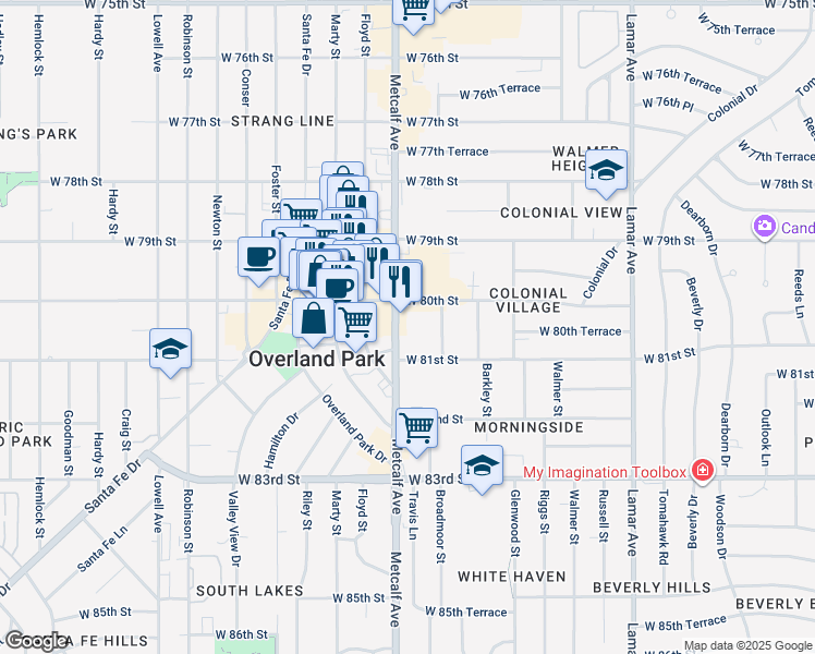 map of restaurants, bars, coffee shops, grocery stores, and more near 8045 Metcalf Avenue in Overland Park