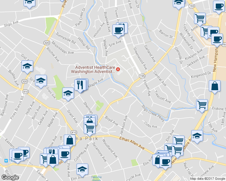 map of restaurants, bars, coffee shops, grocery stores, and more near 12 Jefferson Avenue in Takoma Park