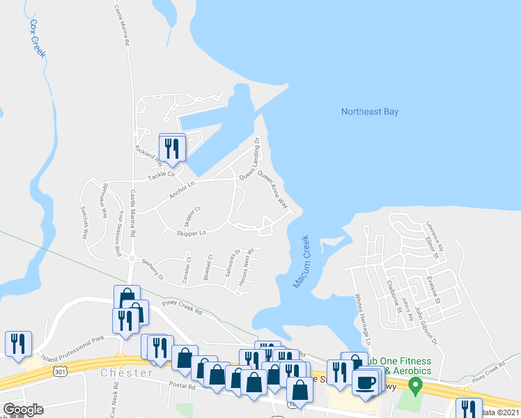 map of restaurants, bars, coffee shops, grocery stores, and more near 44A Queen Neva Court in Chester
