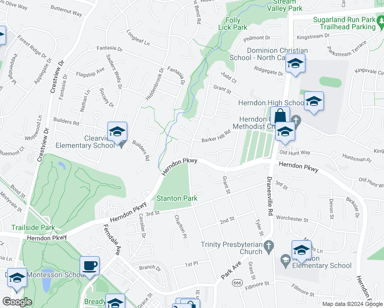 map of restaurants, bars, coffee shops, grocery stores, and more near 1190 Monroe Street in Herndon