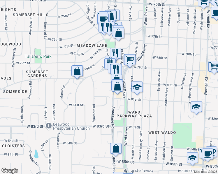 map of restaurants, bars, coffee shops, grocery stores, and more near 8016 State Line Rd in Leawood