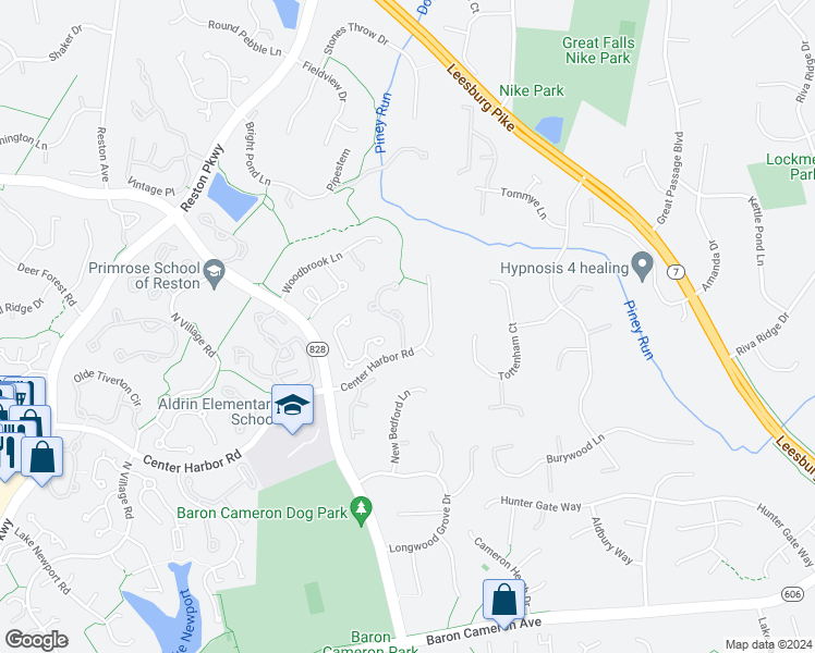 map of restaurants, bars, coffee shops, grocery stores, and more near 1285 Lamplighter Way in Reston