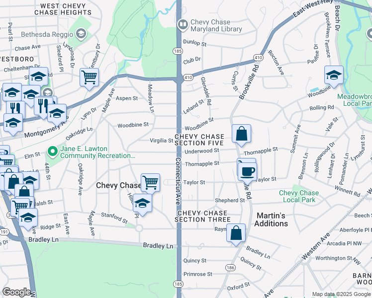 map of restaurants, bars, coffee shops, grocery stores, and more near 3809 Underwood Street in Chevy Chase