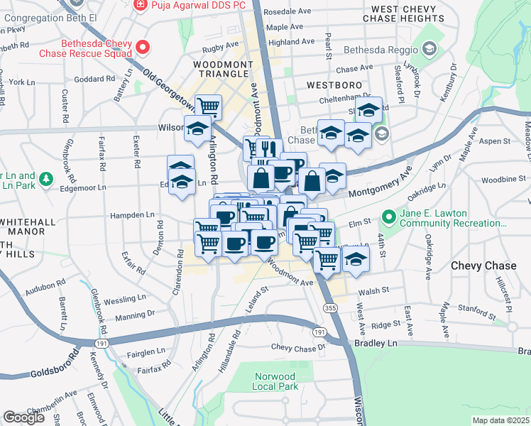 map of restaurants, bars, coffee shops, grocery stores, and more near 4800 Montgomery Lane in Bethesda