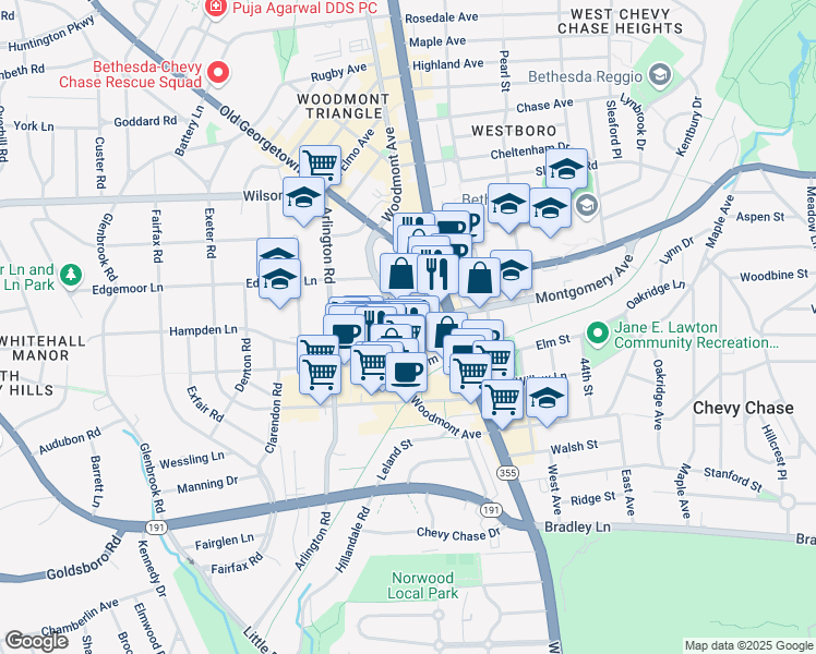 map of restaurants, bars, coffee shops, grocery stores, and more near 4800 Montgomery Lane in Bethesda