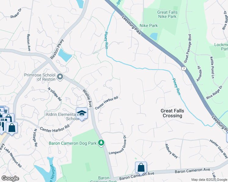 map of restaurants, bars, coffee shops, grocery stores, and more near 1285 Lamplighter Way in Reston