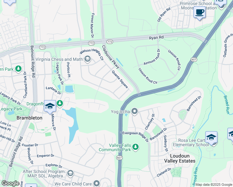 map of restaurants, bars, coffee shops, grocery stores, and more near 22910 North Brown Square in Ashburn