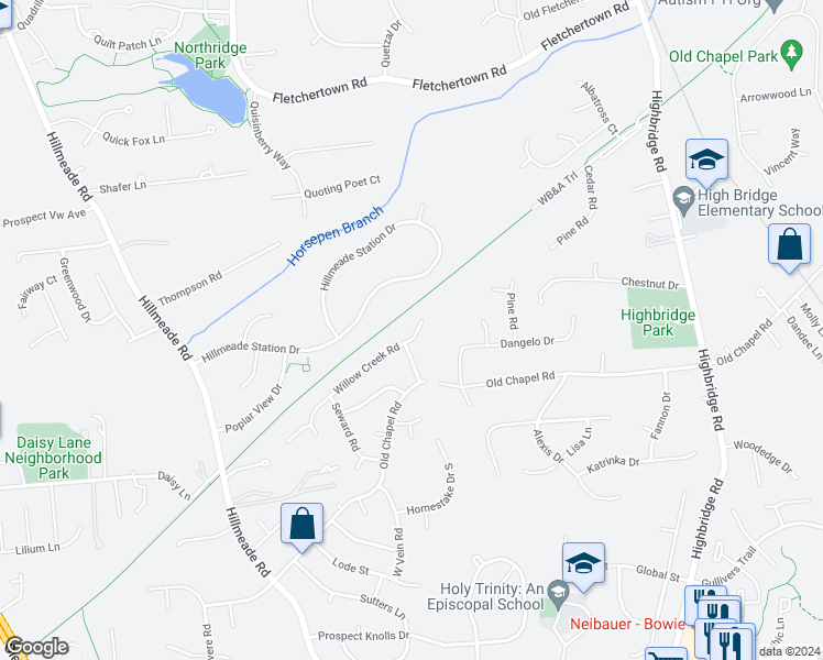 map of restaurants, bars, coffee shops, grocery stores, and more near 6804 Willow Creek Road in Bowie
