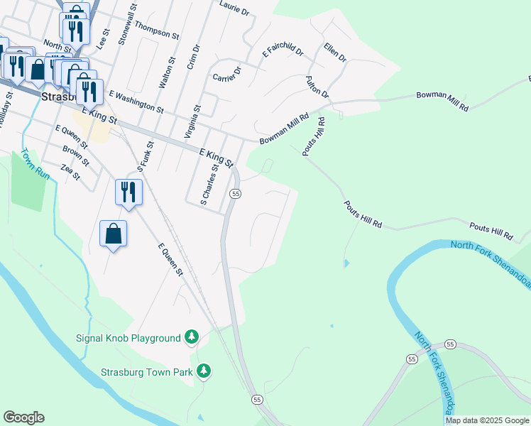 map of restaurants, bars, coffee shops, grocery stores, and more near 118 Daniel Court in Strasburg