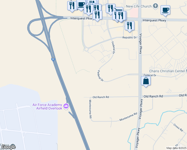 map of restaurants, bars, coffee shops, grocery stores, and more near 9925 Federal Drive in Colorado Springs