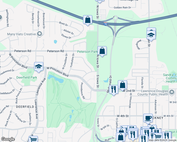 map of restaurants, bars, coffee shops, grocery stores, and more near 2217 Westchester Road in Lawrence