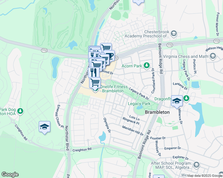 map of restaurants, bars, coffee shops, grocery stores, and more near 42431 Greenside Drive in Ashburn