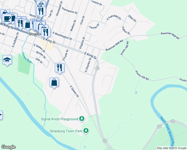 map of restaurants, bars, coffee shops, grocery stores, and more near 104 Front Royal Road in Strasburg