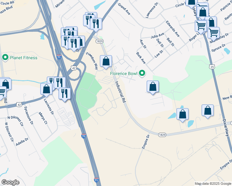 map of restaurants, bars, coffee shops, grocery stores, and more near 7525 Industrial Road in Florence