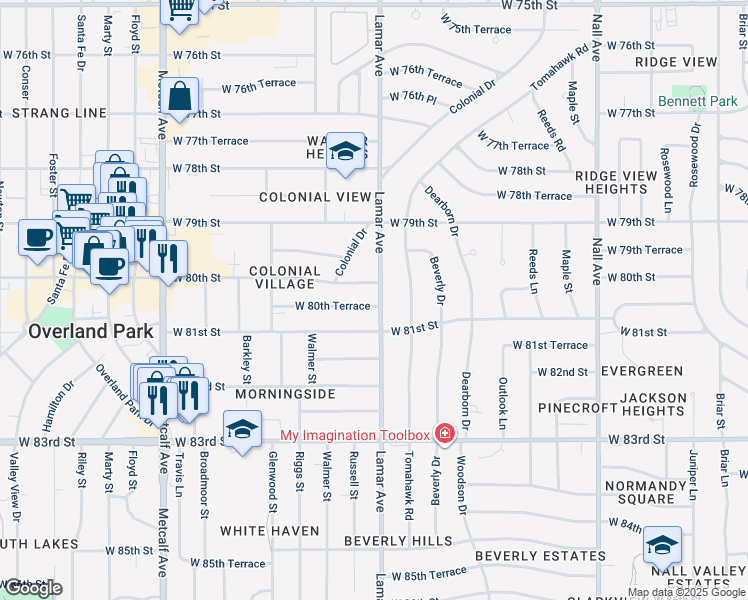 map of restaurants, bars, coffee shops, grocery stores, and more near 6309 West 80th Street in Overland Park