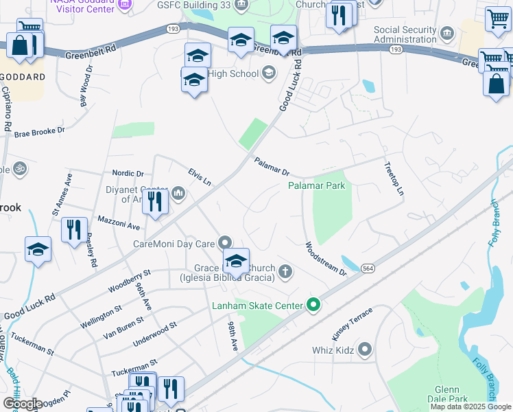 map of restaurants, bars, coffee shops, grocery stores, and more near 9793 Good Luck Road in Lanham