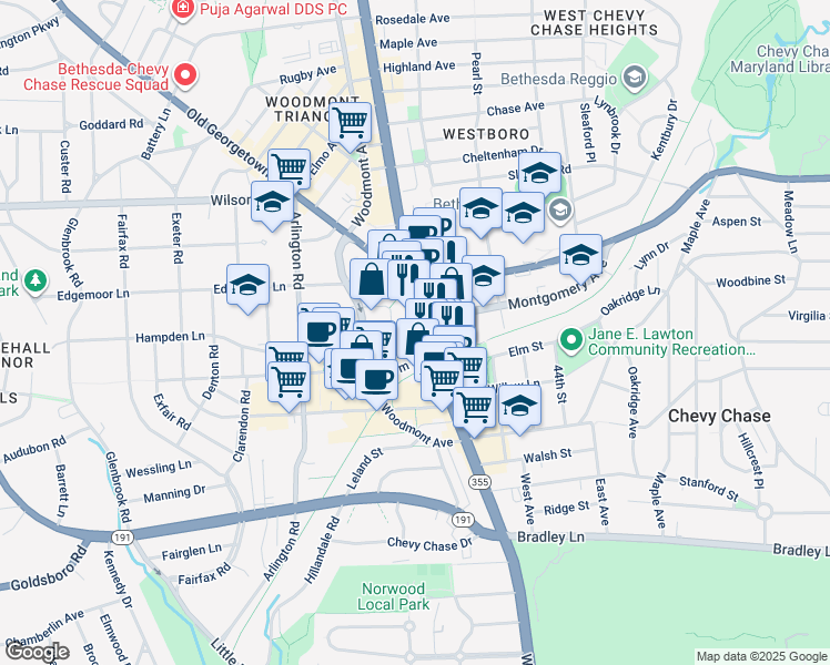 map of restaurants, bars, coffee shops, grocery stores, and more near 7342 Wisconsin Avenue in Bethesda