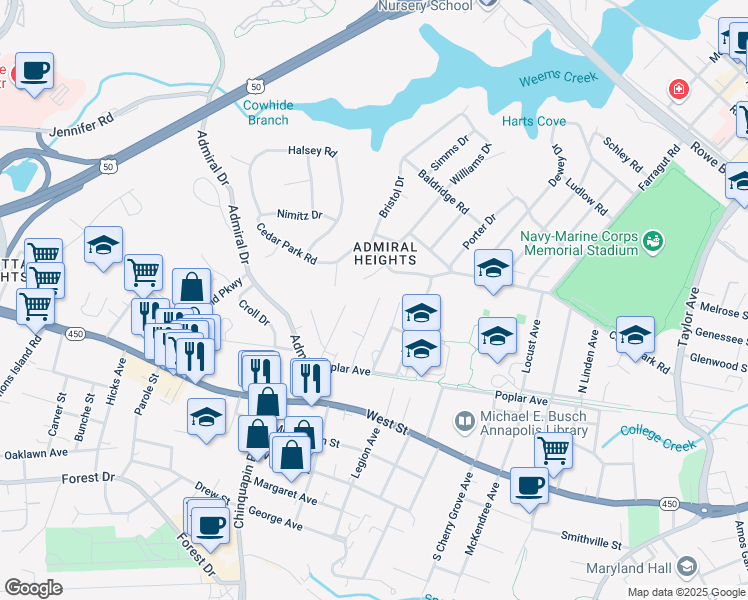 map of restaurants, bars, coffee shops, grocery stores, and more near 235 Gross Avenue in Annapolis