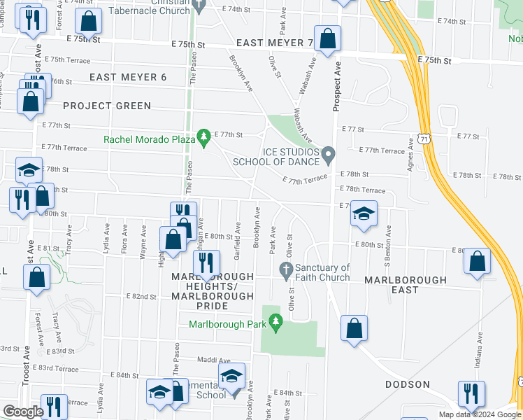 map of restaurants, bars, coffee shops, grocery stores, and more near 7909 Brooklyn Avenue in Kansas City