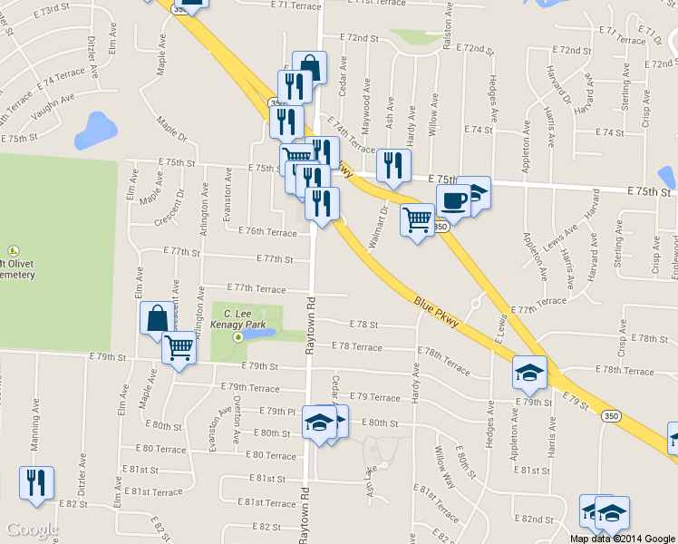 map of restaurants, bars, coffee shops, grocery stores, and more near 7705 Raytown Road in Raytown