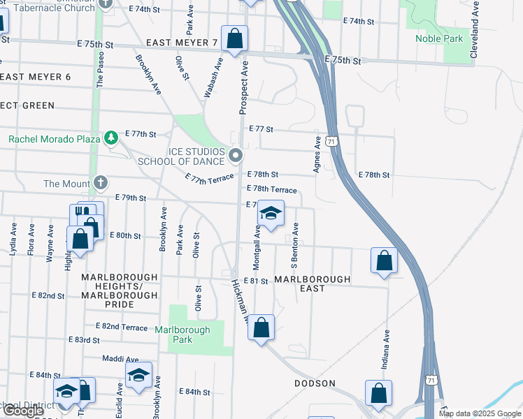 map of restaurants, bars, coffee shops, grocery stores, and more near 7901 Prospect Avenue in Kansas City
